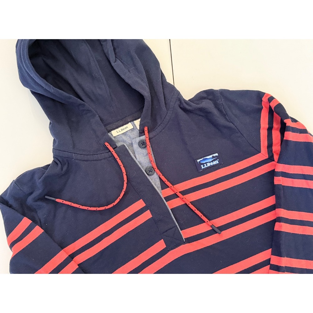LL Bean Womens Navy Coral Striped Hooded Henley Long Sleeve Shirt Large 503604 - Picture 2 of 4